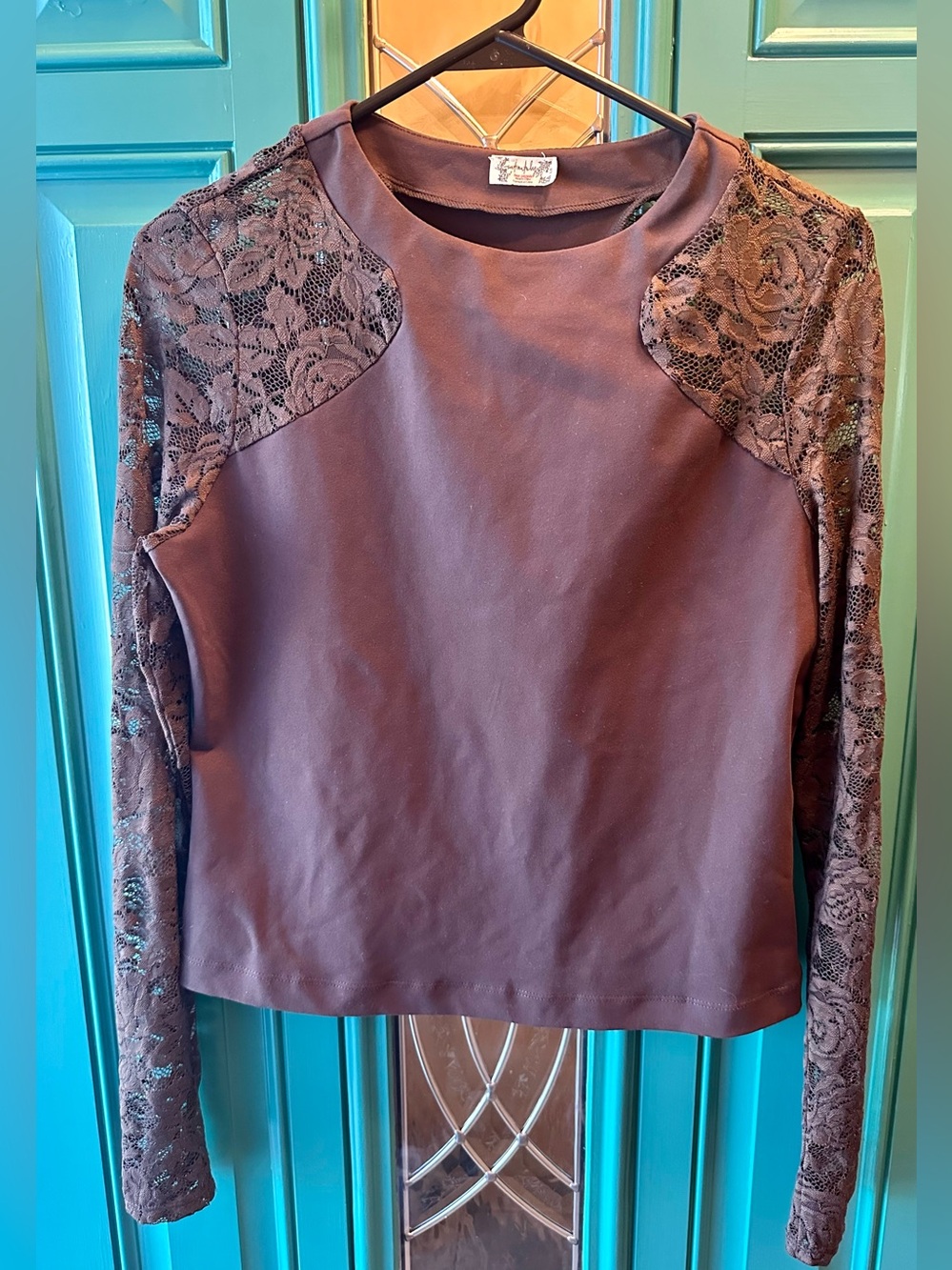 Free People No Excuses Lace Sleeve Top Hot Fudge Brown Sheer Knit Shirt Size L